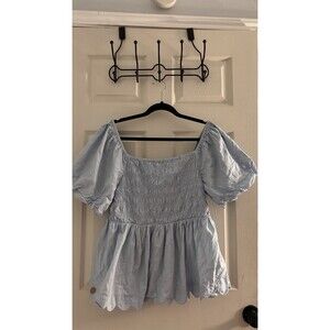 Simply Southern Puff Sleeve Smocked Babydoll Top Scalloped Hem Boho Cottagecore